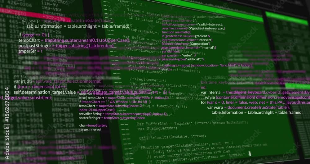 Poster black screen shifting into tilted monitor showing green code while camera panning marking functions