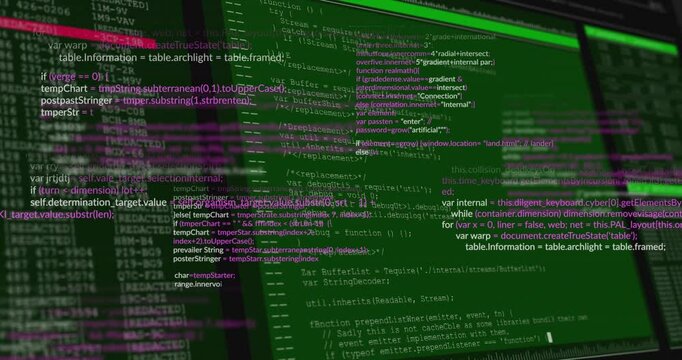 Black screen shifting into tilted monitor showing green code while camera panning marking functions