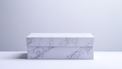 A rectangular white marble-patterned box sits on a plain white surface against a light gray background
