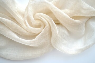Cream-colored fabric drapes in a swirled pattern