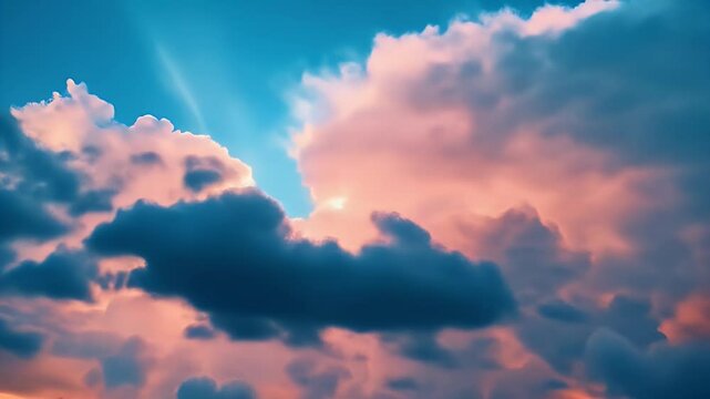 Dramatic Pink and Blue Cloudscape Puffy Textured Clouds Illuminated by Radiant Light in a Mesmerizing Atmospheric