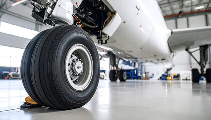 Airplanes Wheel with Maintenance Inside Hangar Aviation Inspection  Service, Close Up, and Detailed.