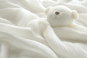 Soft white teddy bear resting on flowing white fabric