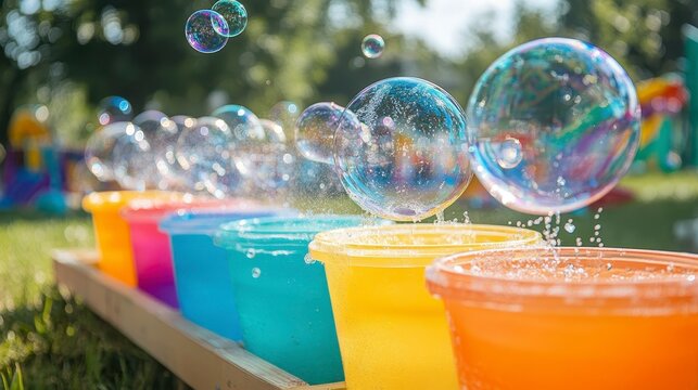 Colorful Bubbles Floating Above Vibrant Buckets in Sunlit Garden - Powered by Adobe