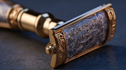 Ornate gold razor close-up on a surface; product shot for shaving items, grooming concept