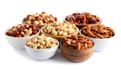 Assorted Nuts Bowls Healthy Snack Mix with Variety on White Background.