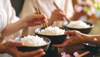 Asian meal People enjoying fluffy white rice with chopsticks with closeup view.