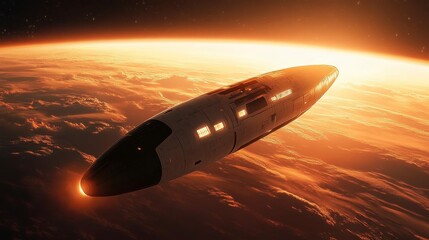 Futuristic Spacecraft Gliding Above a Warm Planetary Atmosphere