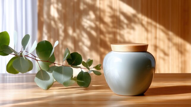 Minimal glazed ceramic jar resting on polished wood grain, eucalyptus branch shadow, peaceful spa mood, diffused sunlight