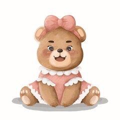 Adorable bear sitting calmly, wearing a pink dress and matching bow