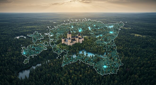 Aerial view of a medieval castle nestled in a vast, verdant forest, overlaid with a futuristic digital map of the surrounding area. - Powered by Adobe