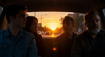 Silhouetted figures in a taxi watch the sunset, their faces partially obscured by the golden light.