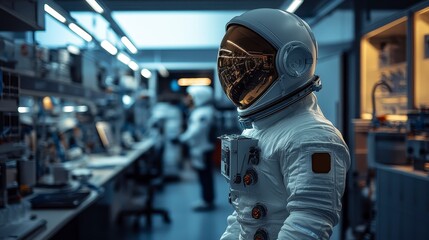 Astronaut in Space Lab with High-Tech Equipment and Futuristic Setting