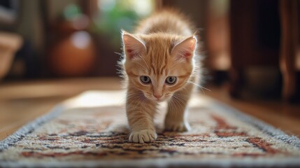 Cute Ginger Kitten Walking on Colorful Indoor Rug in Soft Light