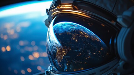 Astronaut Reflection Earth View from Space with Glowing Cities