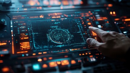 Futuristic Control Panel Interface with Hands Interacting and Data