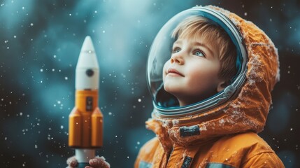 Child in Space Suit with Model Rocket Gazing at Starry Sky