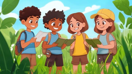 Children Reading Books in Nature with Bright Sunny Background