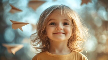 Happy Child with Paper Planes in a Dreamy Outdoor Setting