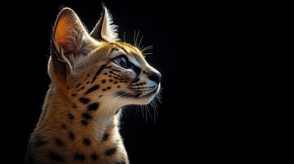 Close-Up Profile of a Spotted Serval Cat Against Dark Background