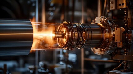 High-Tech Engine Component with Flames and Sparks in Laboratory Setting
