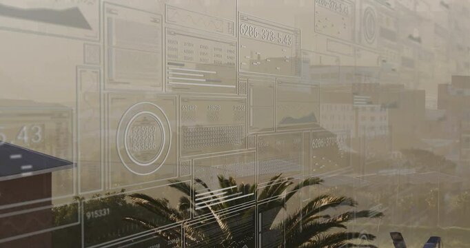 Sunrise glow initiating HUD panels appearing over rooftop showing metrics updating then receding