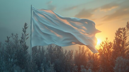 Flowing White Flag at Sunrise with Soft Grass in Background