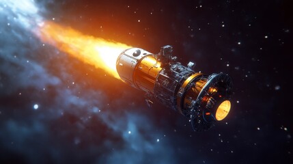 Futuristic Rocket in Deep Space with Bright Flames and Stars