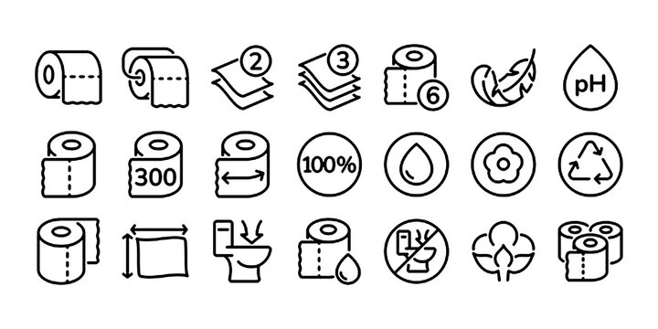 Toilet paper roll editable stroke outline icons set isolated on white background flat vector illustration.