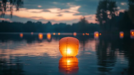 Tranquil Evening Scene with Floating Lantern on Calm Lake Water