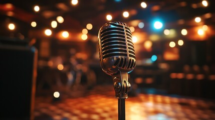 Vintage Microphone on Stage with Blurred Lights in Background