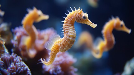 Graceful Sea Horses in Vibrant Coral Reef Habitat Underwater