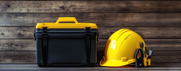 Yellow hard hat and black and yellow toolbox on a wooden surface