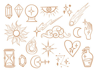 Mystical Outline Icon Celestial Magical. A magical collection of 19 mystical outline icons featuring crystals moons stars hands potion flame cloud and cosmic symbol. Perfect for stickers prints ritual