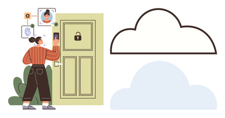 Woman unlocking a secure smart door using facial recognition technology connected to cloud services. Ideal for security, innovation, smart home, cloud technology, AI implementation, privacy, simple