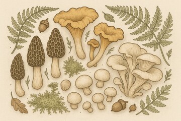 A Collection of Wild Mushrooms and Forest Flora Illustration