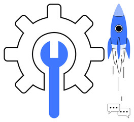 Large gear with a wrench overlay, symbolizing tools and optimization. Rocket launching signifies progress, innovation, and project initiation. Ideal for technology, business, startup, system