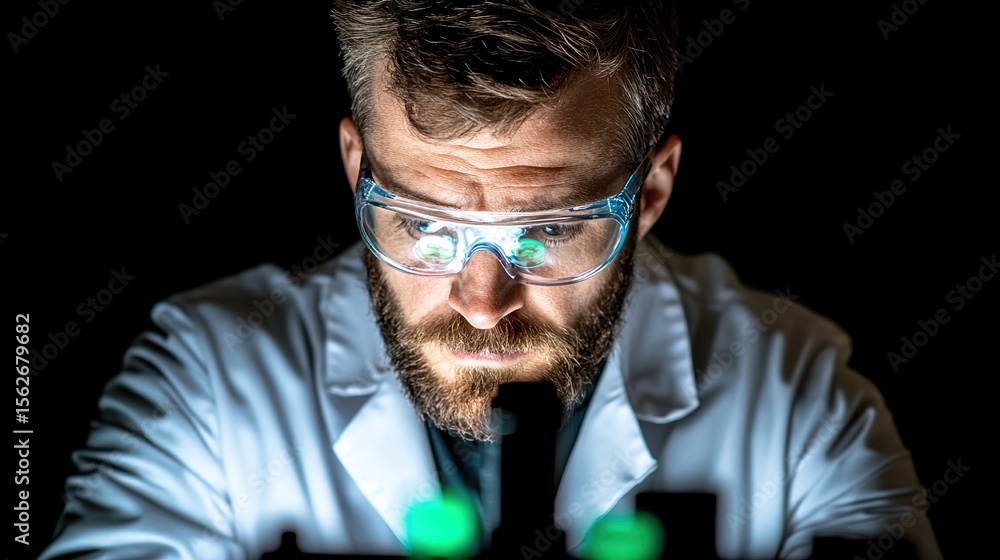Poster focused scientist analyzing data with high-tech equipment in lab