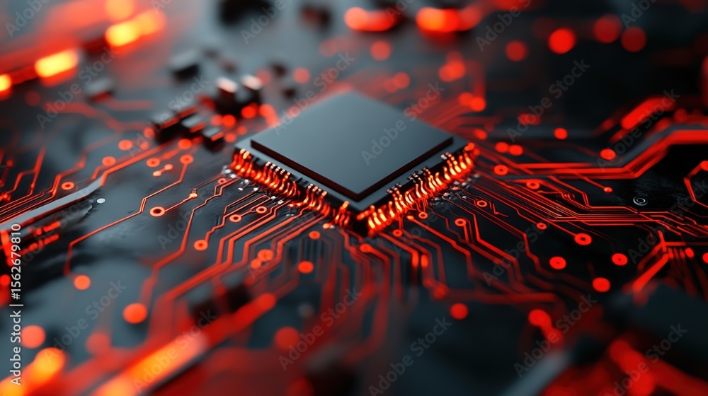 Poster close-up view of a black microchip on red circuit board surface