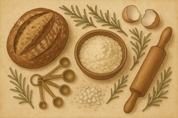 Rustic Baking Still Life with Flour, Bread and Rosemary Art