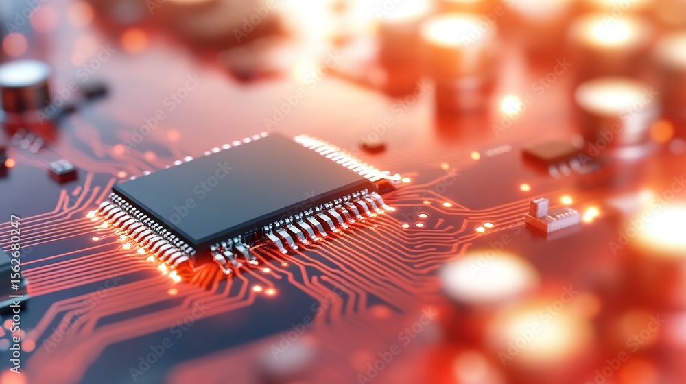 Poster microchip and circuit board close-up with glowing effects