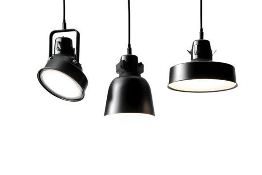 A set of three black studio lights on a transparent background