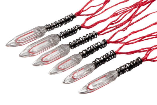 A set of six transparent plastic tweezers arrange on transparent background