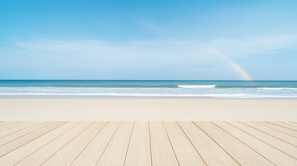 Fototapeta premium Empty wooden deck overlooking a sandy beach and ocean.
