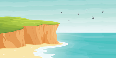 Coastal Cliff Landscape with Sea View Vector Illustration.