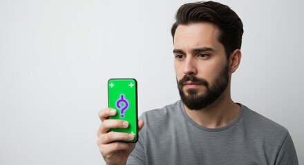 A pensive young man examines a smartphone displaying a question mark on a green screen, contemplating a decision or problem.