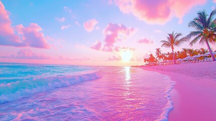 Pastel pink beach scene at sunset.