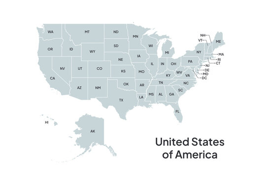 USA Map with States postal abbreviations. Flat color scalable vector illustration