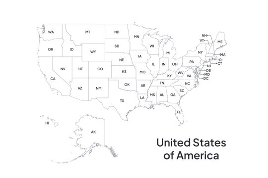 USA Map with States postal abbreviations. Outline scalable vector illustration