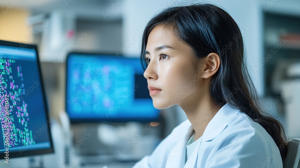 Poster young scientist analyzing data on computer in modern laboratory environment